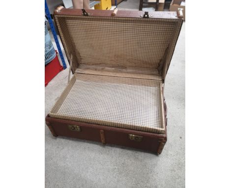 Antique 1900s wooden bounded trunk with fitted interior. 