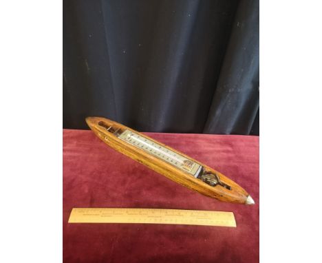 Arts and crafts thermometer made from light oak loom item.. 16 inches in length. End 