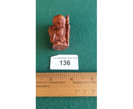 Carved fruit wood netsuke of Oriental monk with signature to base. 