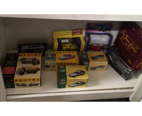 Shelf of van guard models, corgi only fools and horses model together with queen mother lledo model set, boxed Mercedes class