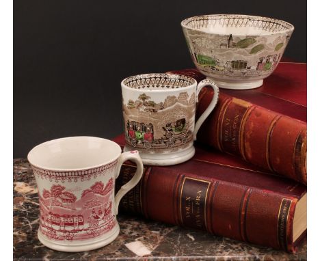 Railway Interest - steam locomotives, a 19th century Staffordshire pearlware mug, printed in sepia tones, picked out in brigh