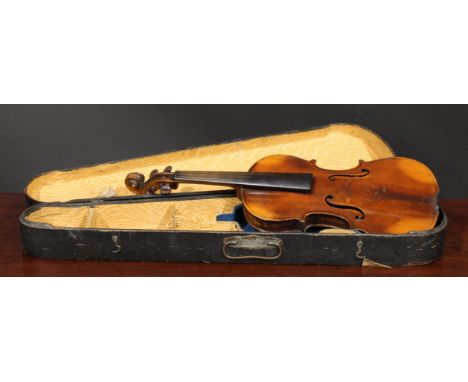 A violin, the two-piece back 36cm long excluding button, rosewood tuning pegs, outlined throughout with purfling, 
