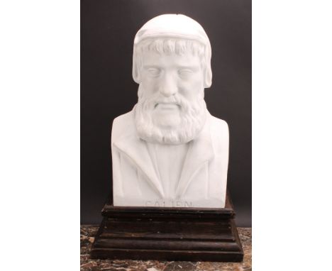 An early 20th century plaster portrait bust, Galen (129 - 216CE), Greek physician, medical theorist and philosopher, titled, 