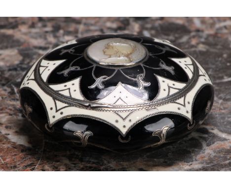 An early 20th century silver coloured metal and enamel table snuff box, possibly Russian, the hinged cover set with a mother 