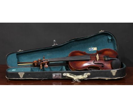 A German violin, the two-piece back 35.5cm long excluding button, paper label printed Copy of Jacobus Stainer, rosewood tunin