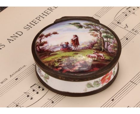 A 19th century enamel circular table snuff box, hinged cover painted with young shepherds in a pastoral idyl, the side and ba