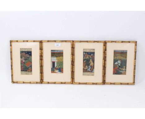 Group of four Indo-Persian manuscript illuminations, two with script borders, 18 x 8cm, the other two depiction of a hunting 