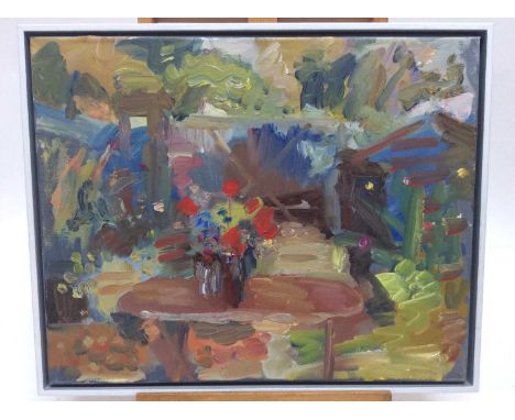 Annelise Firth (b.1961) oil on canvas - Garden table with vase of flowers , signed and dated verso, framed, 41cm x 51cm, over