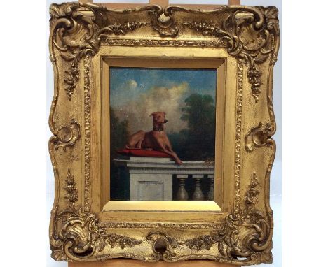 19th century English School oil on canvas- greyhound seated on cushion on a balustrade with gardens beyond, in gilt frame, 25