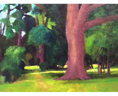 David Britton, contemporary, oil on board - Garden in Horkesley, signed, framed, 45cm x 56cm