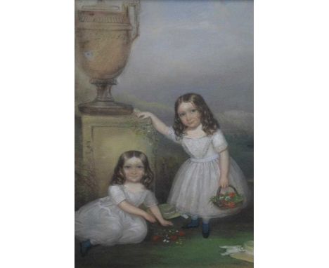 Mid 19th century pastel on paper - portrait of two sisters in a garden, signed Le Bailly and dated 1847, in maple veneered fr