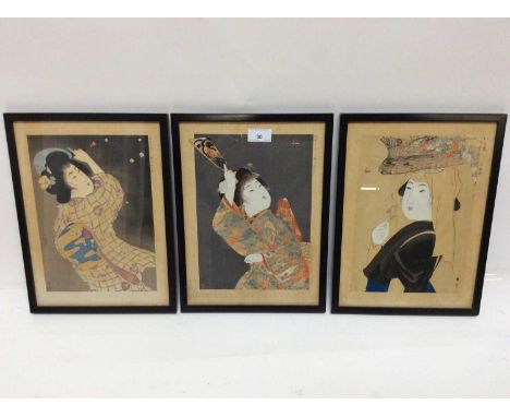 Three antique Japanese coloured woodcuts depicting female figures, signed, in glazed gilt frames, 32.5cm x 23.5cmCondition re