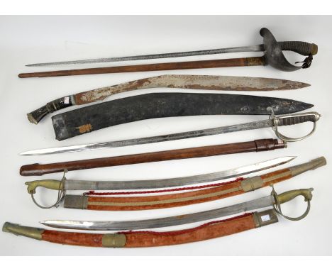 Five swords including a Chinese style  sword in carved wooden scabbard, African style machete in carved wooden scabbard, larg