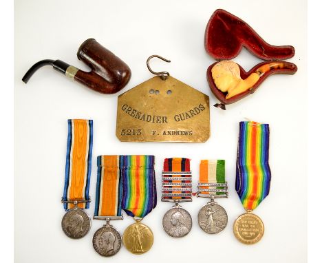 To 5213 Pte. F. Andrews. Grenadier Guards, Victorian South Africa medal with 5 clasps, Belfast, Diamond Hill, Johannesburg, D