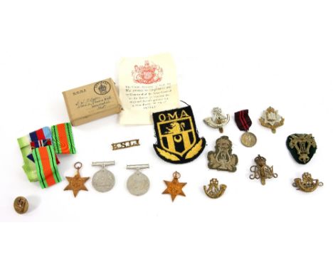 WWII medal group, boxed to R. W. Odgers,  Atlantic Star, 1939-1945 Star, Defence Medal, War Medal,  regimental cap badges etc