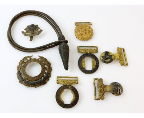 Leicester Regiment waist belt clasp and helmet plate, 98 Regiment waist belt clasp , part R. N. waist belt clasp , Cheshire R