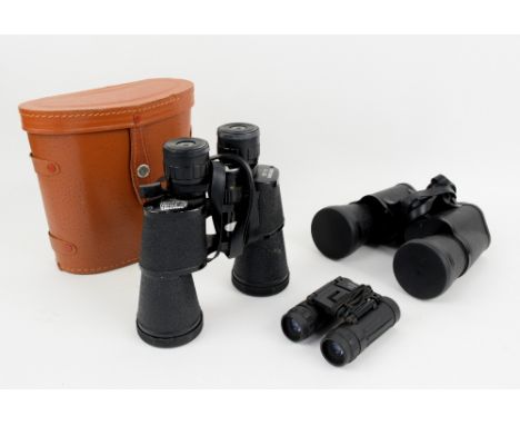 Four pairs of binoculars including Nikon Action 10x50 Lookout III, Super Zenith 8x-20x50 (cased) and Ajax 10x50. (4)
