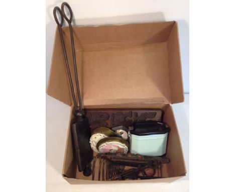 A box of French kitchen and household items to include a waffle iron, wooden biscuit mold, tin lunchbox, 2 brass & ceramic do