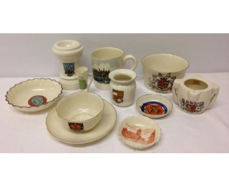 10 pieces of Goss crested ware to include Coldstream pin dish.