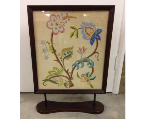 Fire screen, floral embroidery behind glass in wooden frame 69cm x 50cm