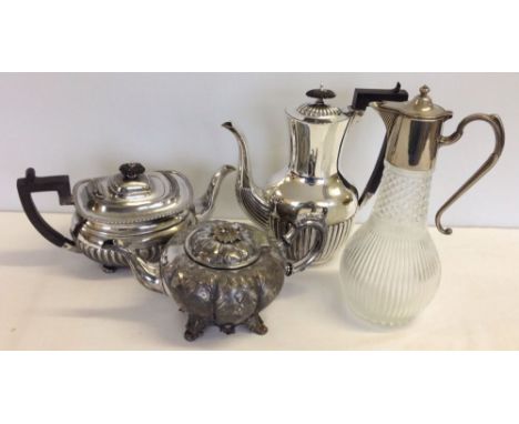 4 silver plated items to include glass decanter, coffee pot & 2 tea pots.