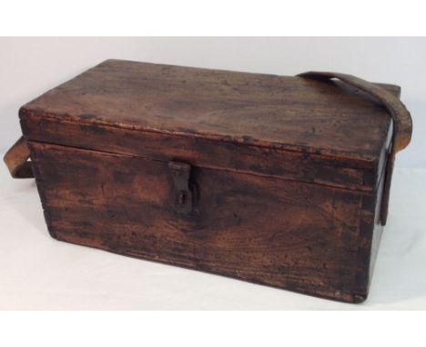 A vintage French Carpenter's wooden toolbox with leather strap.