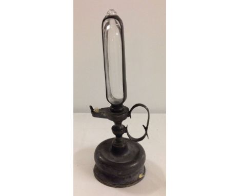 Antique 19th century FIN whale oil lamp clock. Roman numeral hour impressions down the side of oil reservoir.