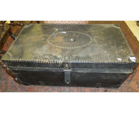 A 19th Century black hide covered and studded trunk CONDITION REPORTS Size approx. 99 cm x 50 cm x 43 cm high.  Overall with 