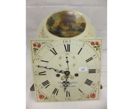 A long case clock dial with Roman numerals to the enamel dial and subsidiary seconds dial with Arabic numerals and further da