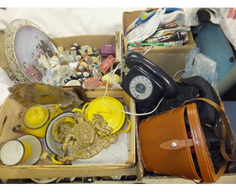Four boxes of sundry items to include a 1977 Jubilee phone, enamel wares, brass coach plaque, miniature teapots, cameras, var