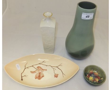 A Moorcroft "Freesia" pattern small dish, together with a Caithness green glass vase, a Carlton ware dish and a Lenox vase