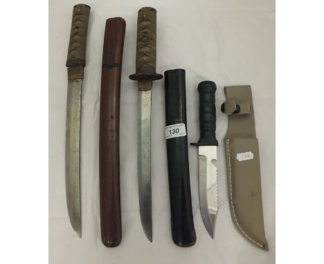 Two Japanese Tantos and a plastic handled hunting knife, including scabbards CONDITION REPORTS Length of longest knife approx