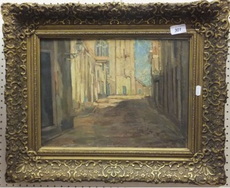 ENGLISH SCHOOL "French cathedral" interior scene, in the manner of D'Oyly John, oil on canvas, unsigned in gilt frame CONDITI