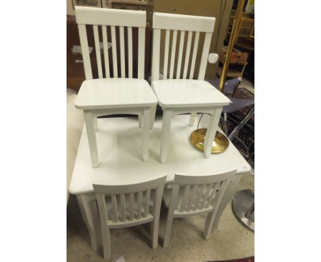 A child's white wood table and four chairs, a black lacquered demi-lune side table, a modern brass standard lamp and cream sh