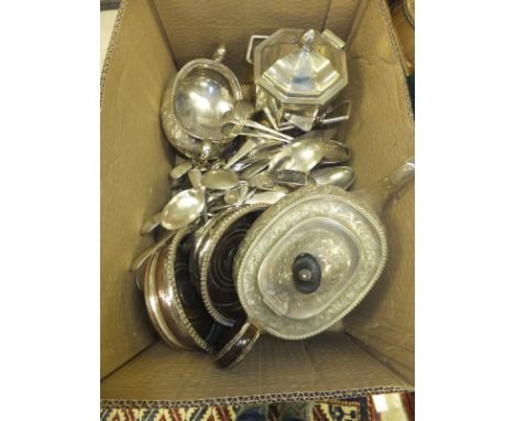 A box of assorted plated wares to include a pair of bottle coasters, cutlery, teapot and matching sugar basin, etc