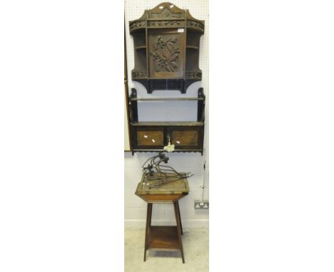 A small Edwardian wall cabinet with carved oak leaf decoration to door, a wall cabinet with bookshelf above, an octagonal mah