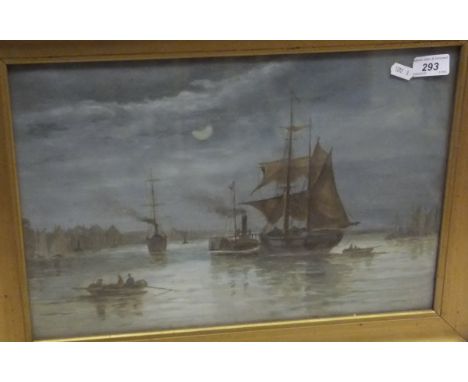 ENGLISH SCHOOL "Tall-masted ship at anchor in the moonlight", oil, unsigned, together with a print of jockeys on horses, and 