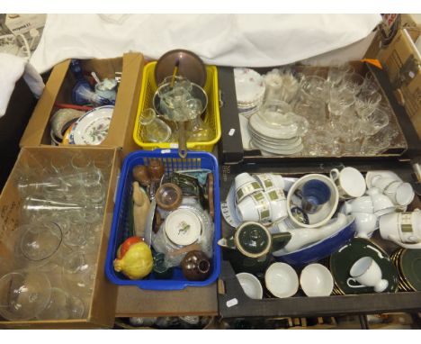 Seven boxes of assorted household china and glass to include Royal Brierley wine glasses, cut glass water jug, Spode "Persia"