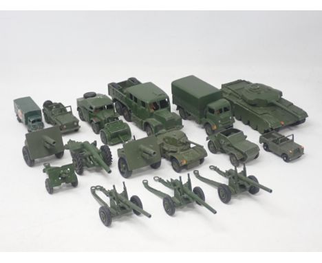 A quantity of unboxed Dinky Toys Military Vehicles including Centurion Tank, Medium Artillery Tractor, Army Wagon, etc. 