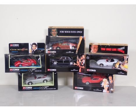 Six boxed Corgi Classics James Bond diecast Models including 96657 Aston Martin DB5, 92978 Ferrari 355, 04701 Lotus Espirit T