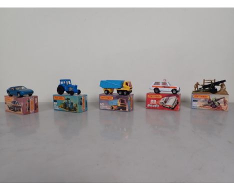 Five boxed Matchbox Superfast and 75 diecast Models including No.20 Police Patrol Rola-matics, No.32 Field Gun, No.46 Tractor