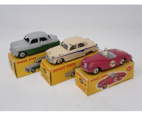 A boxed Dinky Toys No.176 Austin A105 Saloon, a boxed No.164 Vauxhall Cresta Saloon and a boxed No.107 Sunbeam Alpine Sports 