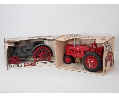 A boxed ERTL Farmhall H Tractor, a boxed Case 'L' Tractor, a Britains Deutz Fahr Tractor and Land Rover with Horse Trailer 