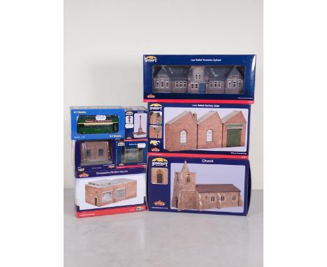 Seven boxed Bachmann Scenecraft 00 gauge Buildings including Church, Victorian School, Factory Side, Generator/Boiler House, 