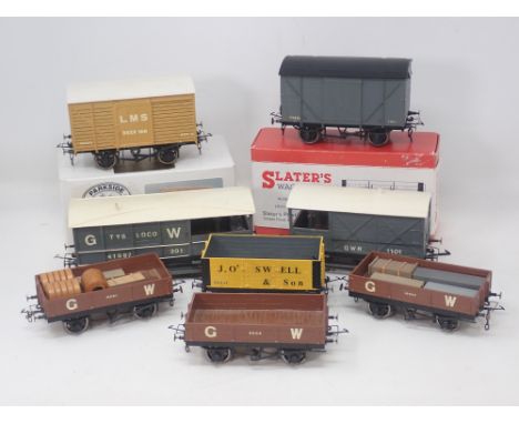 Eight kit built 0 gauge Wagons to include Parkside LMS Beer Van, Goods Van, two GWR Brake Vans and three Open Wagons 