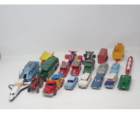 A box of play worn Dinky and Corgi Toys including Ford Zephyr, Austin A60, James Bond Aston Martin, etc. 