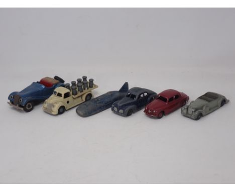 Six play worn diecast and tinplate Models including Chad Valley Milk Lorry with churns, Dinky Toys Lagonda, Dinky Toys Rover 