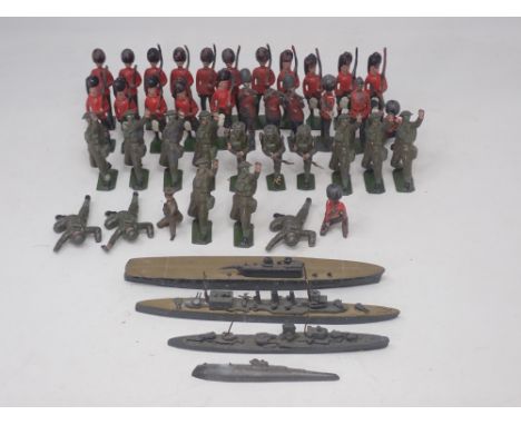 Three tins of play worn Britains Soldiers, mainly British First World War Infantry, Machine Gun Corps, Grenade Throwers and H
