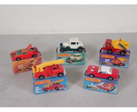 Five boxed Matchbox Superfast and 75 diecast Models including No.1 Dodge Challenger, No.13 Snorkel Fire Engine, No.27 Lamborg