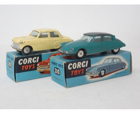 A boxed Corgi Toys  No.203 yellow Vauxhall Velox Saloon and a boxed No.210 metallic blue Citroen D.S.19 